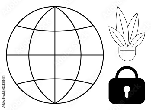 World globe with meridians and parallels, a lock symbolizing security, and a potted plant. Ideal for global connections, cybersecurity, environmental care, protection, international networking