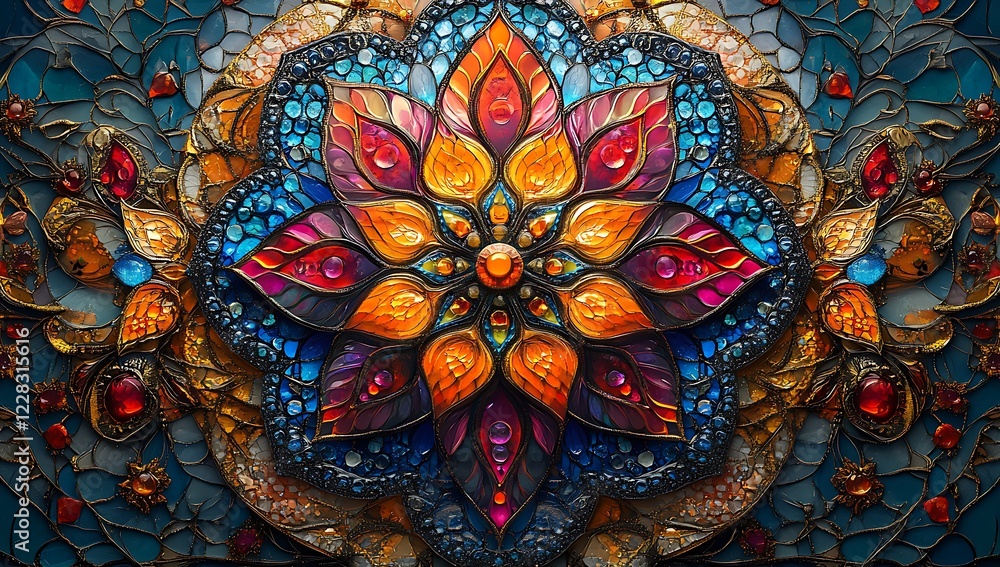 custom made wallpaper toronto digitalColorful Mandala Art Piece with Intricate Patterns and Jewel Tones on a Blue Background