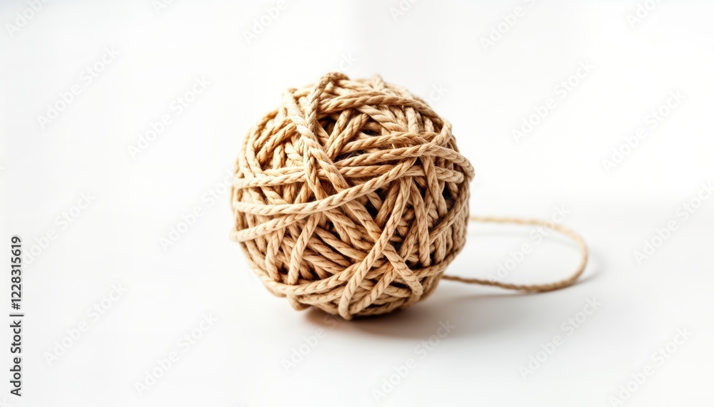 Beige ball of twine isolated on plain white background. Simple craft material. Sustainable, eco-friendly option. Minimalist design suitable for hobbyist, DIY projects. Natural fiber ball ready for Beige ball of twine isolated on plain white background. Simple craft material. Sustainable, eco-friendly option. Minimalist design suitable for hobbyist, DIY projects. Natural fiber ball ready for