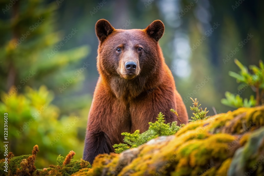 Fototapeta premium Rare Black Cinnamon Bear in North British Columbia's Wilderness - Minimalist Wildlife Photography
