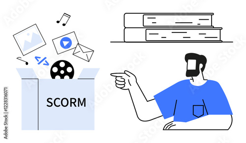 Person points at a box marked SCORM with icons for photos, videos, music, code, email. Books on a shelf above. Ideal for e-learning, digital education, online courses multimedia content knowledge