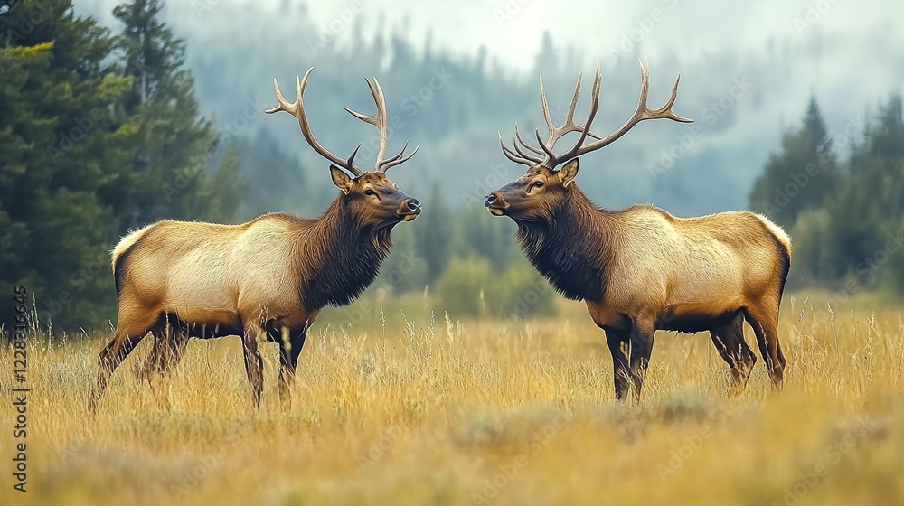 Two elk in the grassland, a male and a female, full-body photograph with high-definition details. Two elk in the grassland, a male and a female, full-body photograph with high-definition details.