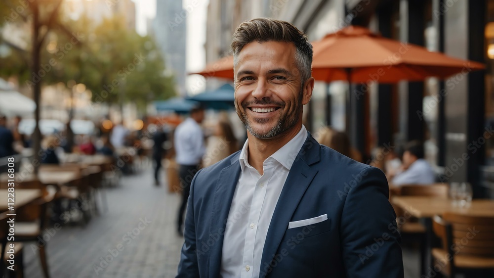 male restaurant manager on busy urban street background male restaurant manager on busy urban street background