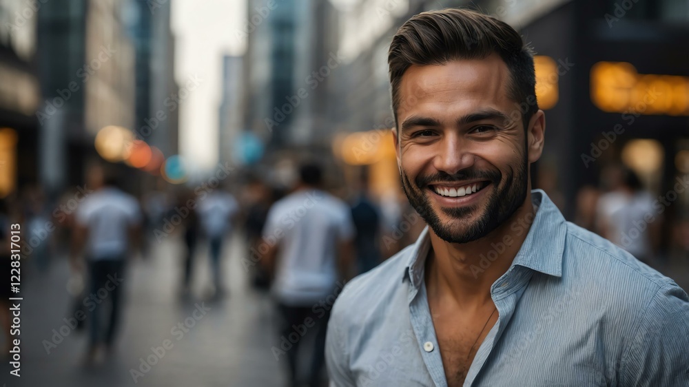 male public relations specialist on busy urban street background male public relations specialist on busy urban street background