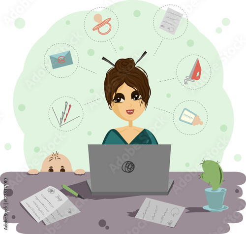 A woman working at a laptop with a baby peeking out from behind her desk. Around the woman are icons symbolizing different aspects of her life a pacifier, a letter, a schedule, a document, an iron.