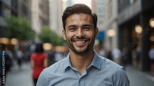 male financial analyst on busy urban street background