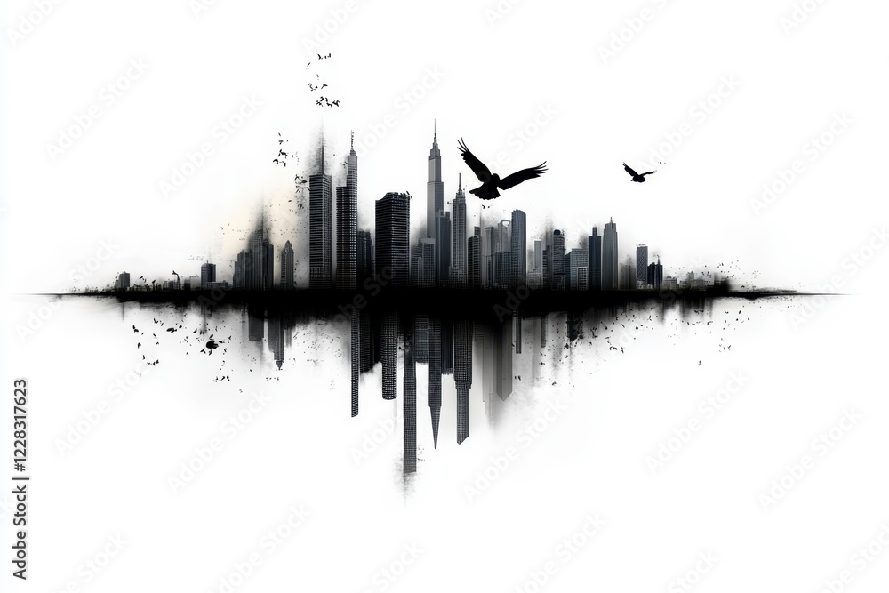 Urban Silhouette with Flying Birds and Reflections on a White Background – Abstract Cityscape Design for Creative Projects and Visual Arts Urban Silhouette with Flying Birds and Reflections on a White Background – Abstract Cityscape Design for Creative Projects and Visual Arts