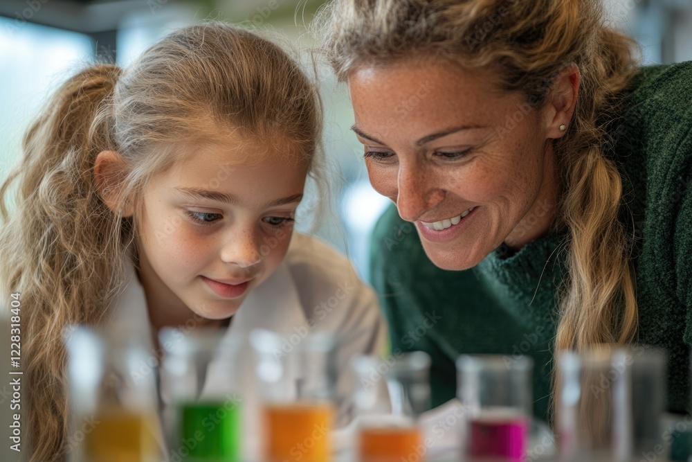 A girl and woman conduct a science experiment together, closely observing colorful liquids in beakers. A girl and woman conduct a science experiment together, closely observing colorful liquids in beakers.