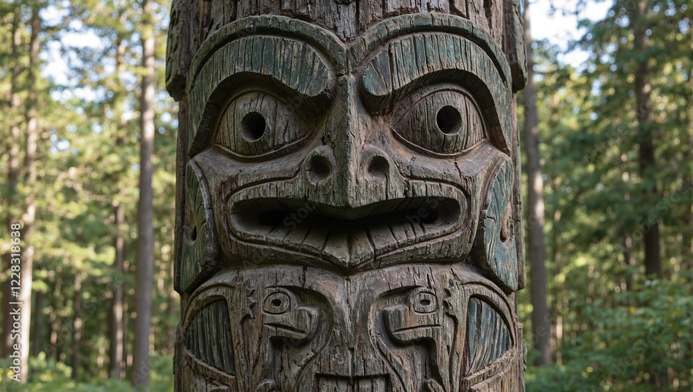 Intricate totem pole with wolves and eagles in forest clearing Intricate totem pole with wolves and eagles in forest clearing
