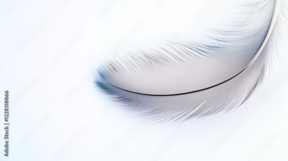 Feather close up on white background. Bird feather with delicate details. Feather isolated on white Feather close up on white background. Bird feather with delicate details. Feather isolated on white