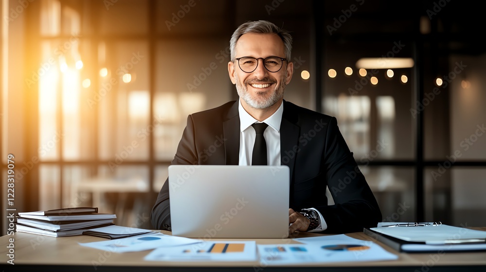 Obraz premium A confident businessman sits at his desk, smiling while working on his laptop