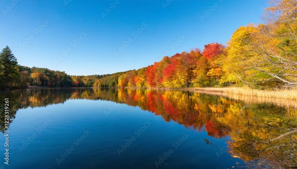 A serene lakeside view with calm water reflecting the vibrant colors of autumn trees under a clear blue sky. A serene lakeside view with calm water reflecting the vibrant colors of autumn trees under a clear blue sky.