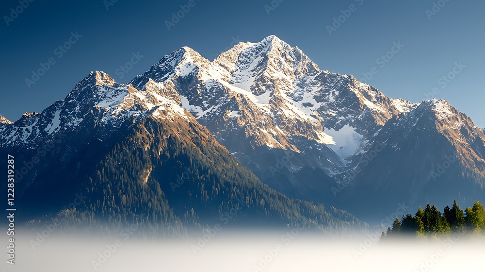 Fototapeta premium Majestic snow-capped mountain peak at sunrise, valley fog, autumnal forest