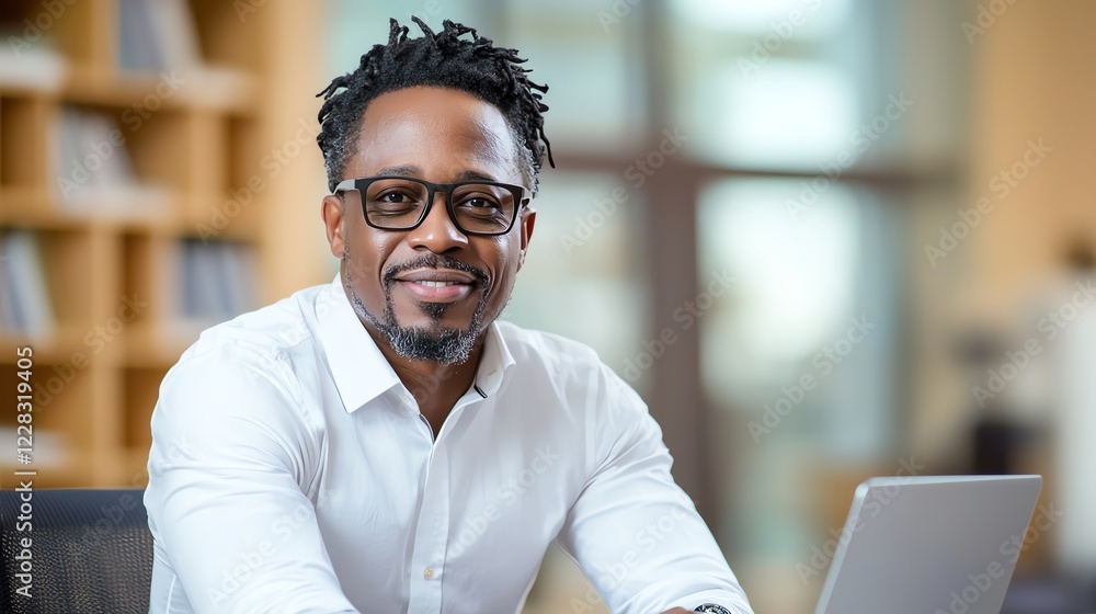 Obraz premium A confident man in a modern office setting, smiling while working on a laptop. His professional appearance and friendly demeanor create a welcoming atmosphere for collaboration.