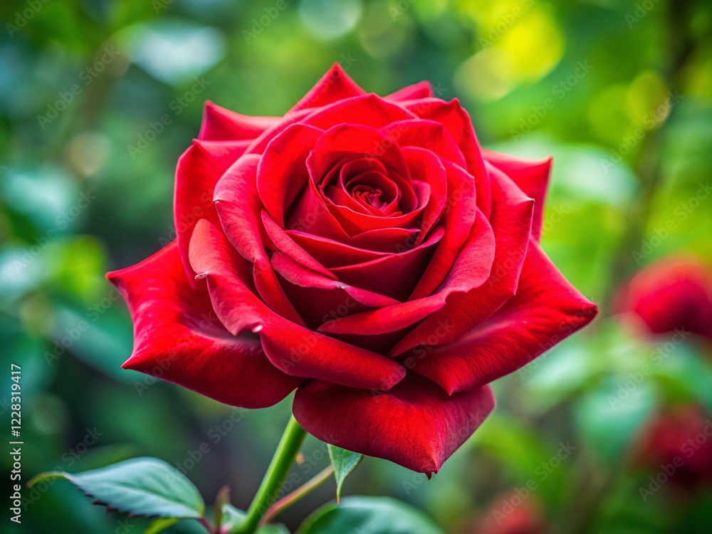 Red Rose Bloom Closeup, Single Flower, Copy Space, Right Side Composition Red Rose Bloom Closeup, Single Flower, Copy Space, Right Side Composition