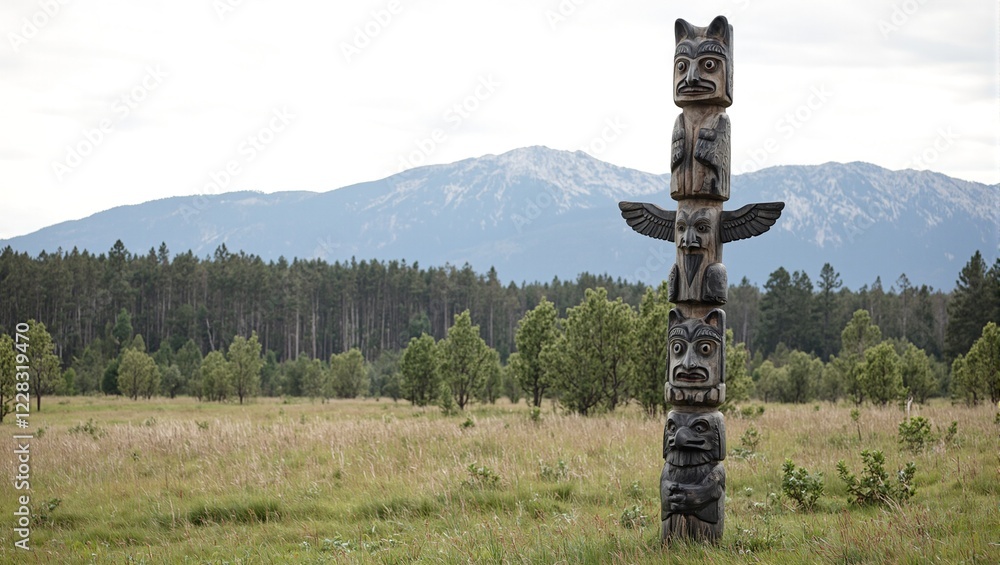 Obraz premium Symmetrical totem pole with wolf raven and bear in meadow