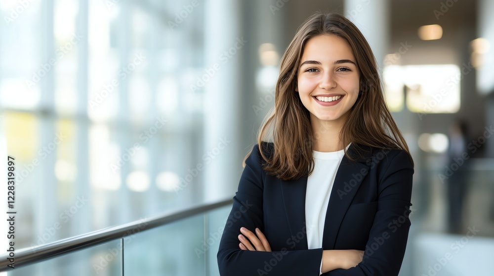 A confident young woman smiles while standing in a modern office environment A confident young woman smiles while standing in a modern office environment