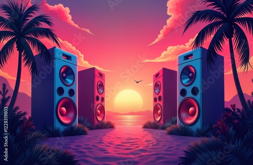 Massive party speakers on beach at sunset. Palm trees surround speakers. Scene vibrant with neon colors. Tropical vacation dance party. Perfect for club events live music, raves. Illustration energy, photo