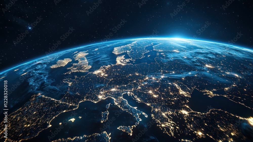 Europe at night, seen from space, showing city lights and coastlines. Europe at night, seen from space, showing city lights and coastlines.