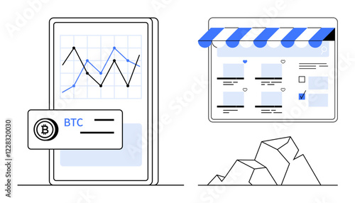 Smartphone showing a fluctuating Bitcoin graph beside an online storefront, indicating digital currency and e-commerce. Ideal for finance, trading, cryptocurrency, online shopping, digital economy