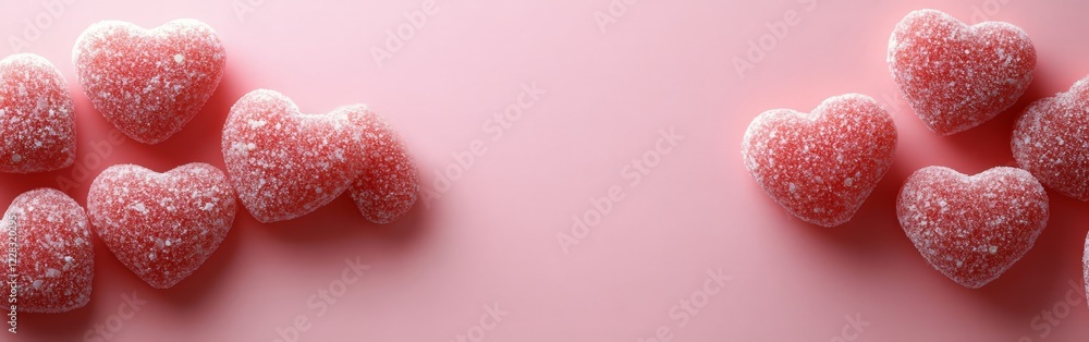 Obraz premium Border of pink and red hearts on soft pink background. Great for cards, advertisements, and social media posts.