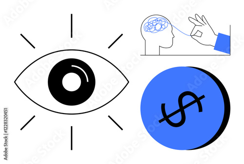 Eye with sunburst lines, hand manipulating brain in profile, dollar sign on circular background. Ideal for creativity, vision, mental focus, finance, mind control, analysis cognitive thinking