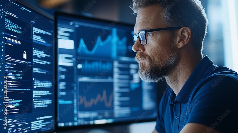 A focused man with glasses analyzing data on multiple screens A focused man with glasses analyzing data on multiple screens