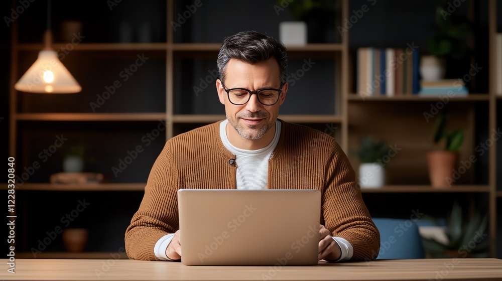 A focused man working on a laptop in a modern office setting. He is dressed casually and appears engaged in his work, surrounded by books and plants in a stylish environment. A focused man working on a laptop in a modern office setting. He is dressed casually and appears engaged in his work, surrounded by books and plants in a stylish environment.