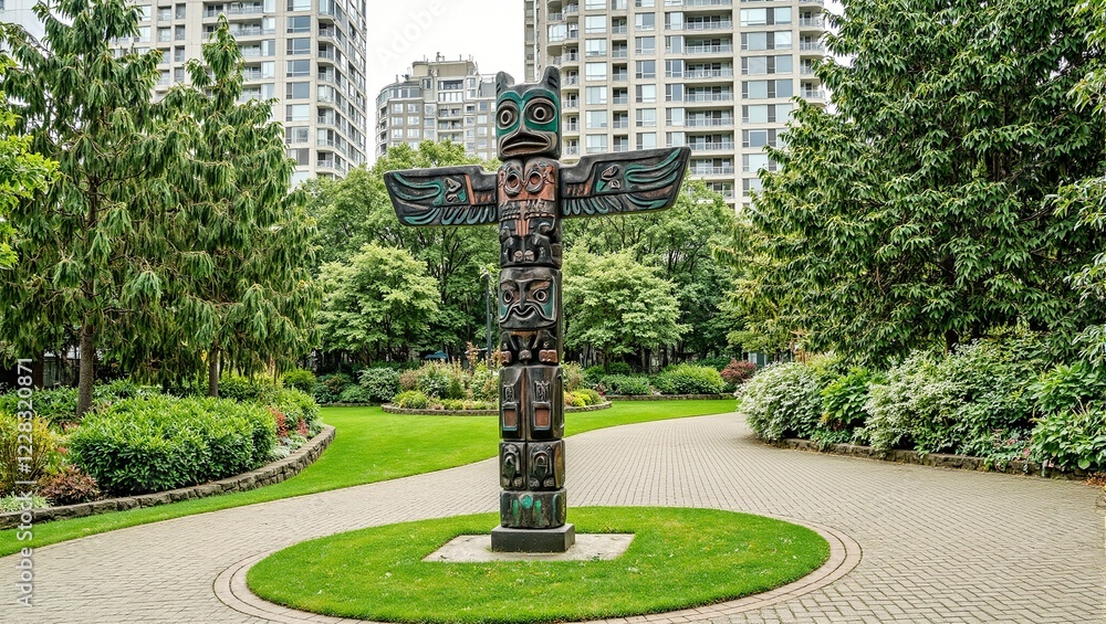 Fototapeta premium Unique totem pole with geometric animal patterns in urban park setting
