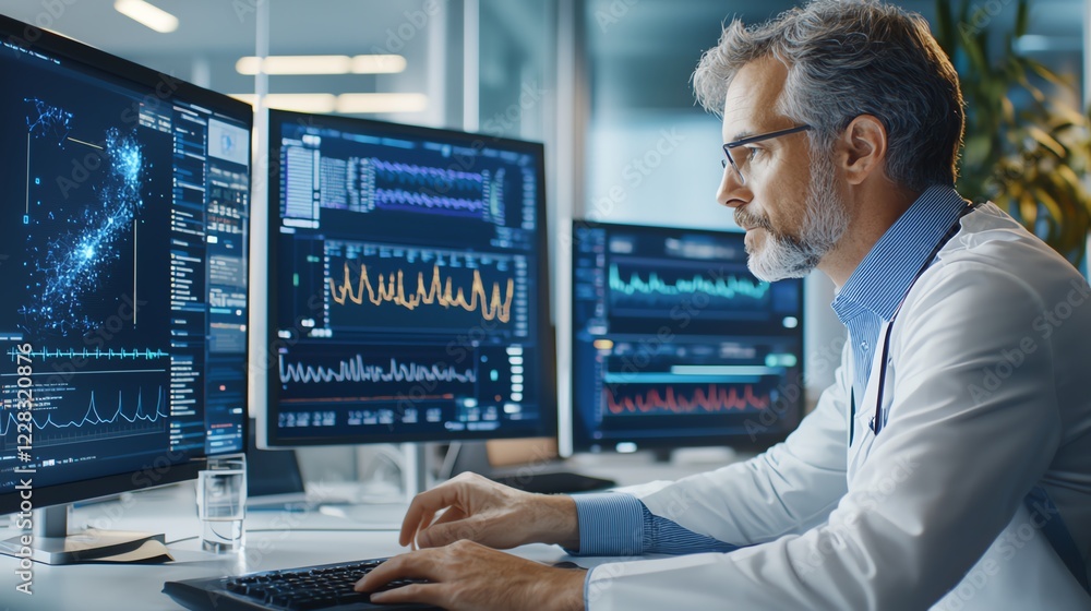 A focused professional analyzes complex data on multiple monitors in a modern office environment, showcasing the intersection of technology and scientific research. A focused professional analyzes complex data on multiple monitors in a modern office environment, showcasing the intersection of technology and scientific research.