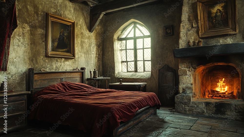 Medieval bedroom with a fireplace, dark stone walls, and old wooden furniture. Medieval bedroom with a fireplace, dark stone walls, and old wooden furniture.