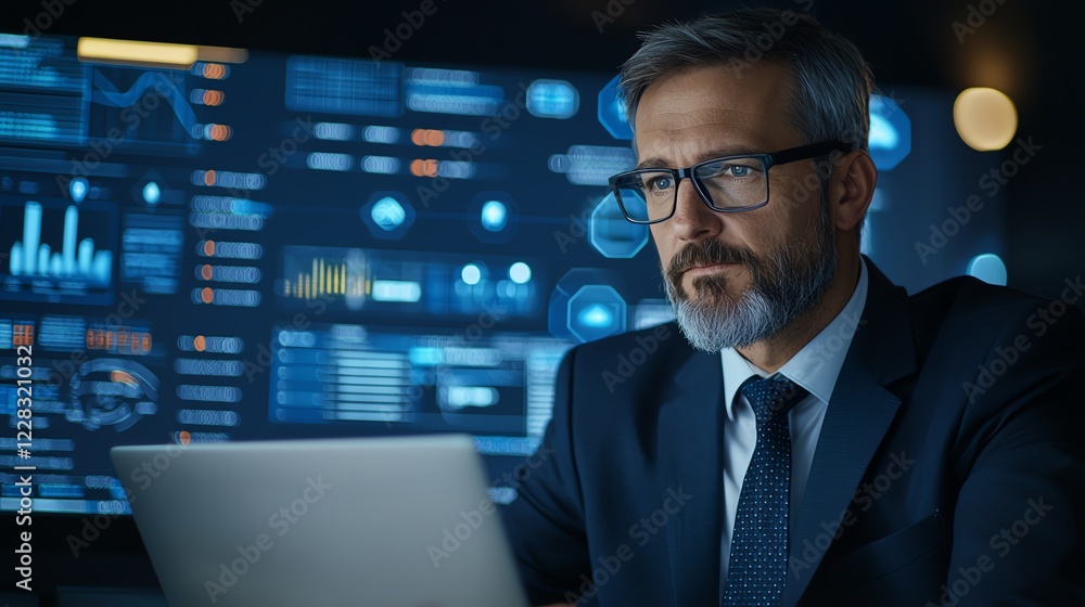 A focused professional man in a suit working on a laptop, surrounded by digital screens displaying data analytics and technology, representing modern business practices. A focused professional man in a suit working on a laptop, surrounded by digital screens displaying data analytics and technology, representing modern business practices.