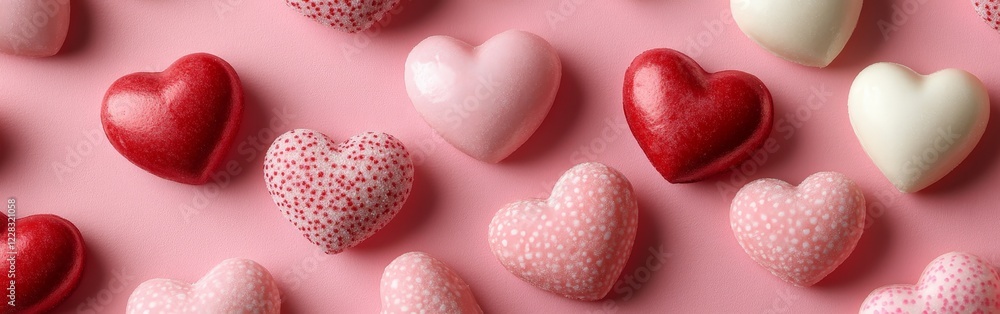 Obraz premium Border of pink and red hearts on soft pink background. Great for cards, advertisements, and social media posts.