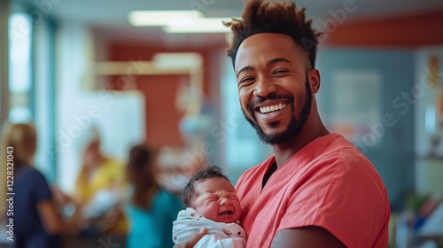 Smiling healthcare worker holding newborn baby in hospital setting