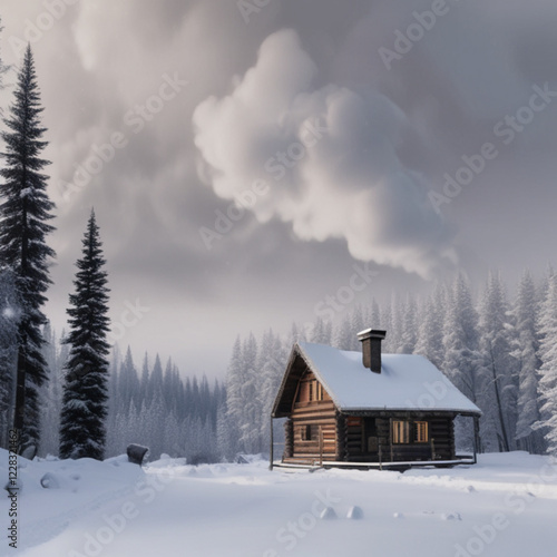 A rustic wooden cabin nestled in a snowy landscape, with smoke curling from the chimney