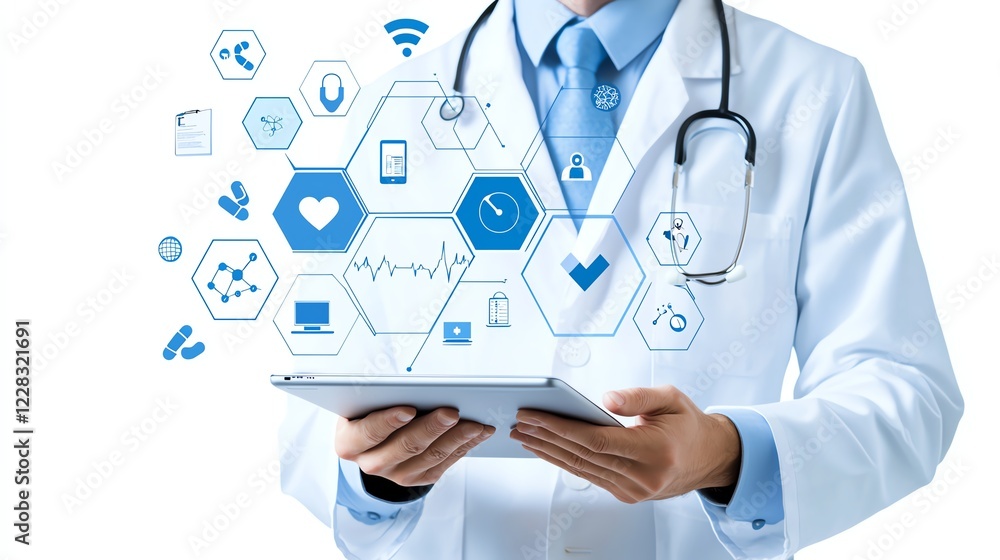 A healthcare professional wearing a lab coat uses a tablet to analyze health data. The image illustrates digital health technology and modern medical practices. A healthcare professional wearing a lab coat uses a tablet to analyze health data. The image illustrates digital health technology and modern medical practices.