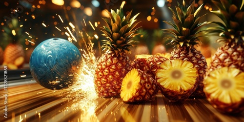 A playful scene featuring a blue bowling ball striking ripe pineapples, capturing a fun and vibrant mix of sport and fruit.