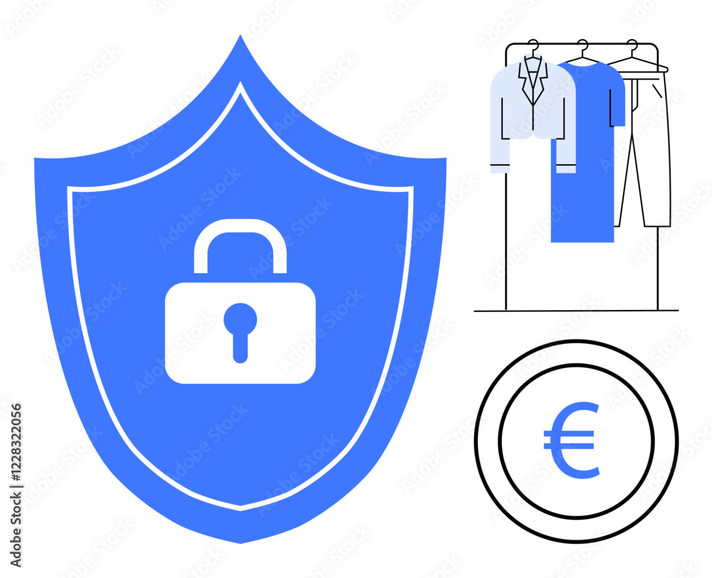 Shield with padlock emphasizing security, clothing rack representing fashion industry, and Euro symbol indicating financial transactions. Ideal for clothing security, online retail, financial safety Shield with padlock emphasizing security, clothing rack representing fashion industry, and Euro symbol indicating financial transactions. Ideal for clothing security, online retail, financial safety