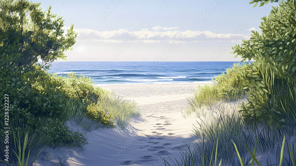 A tranquil ocean view featuring sandy shores and lush greenery, capturing the essence of a serene coastal escape. Sapphire Shores. Illustration A tranquil ocean view featuring sandy shores and lush greenery, capturing the essence of a serene coastal escape. Sapphire Shores. Illustration