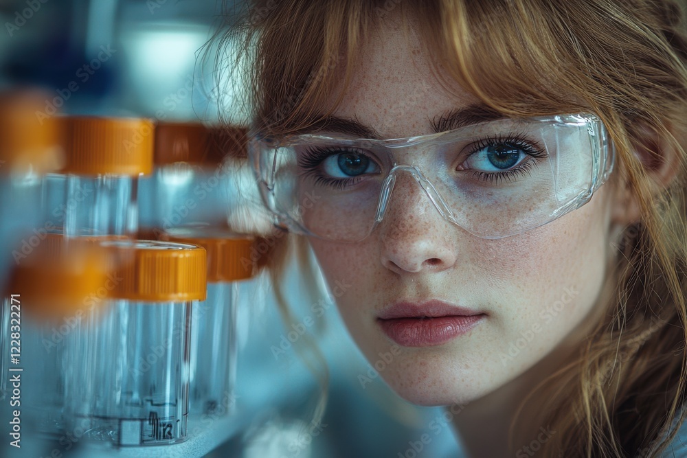 Young scientist in a laboratory focusing on experiments with test tubes and safety equipment during daytime Young scientist in a laboratory focusing on experiments with test tubes and safety equipment during daytime