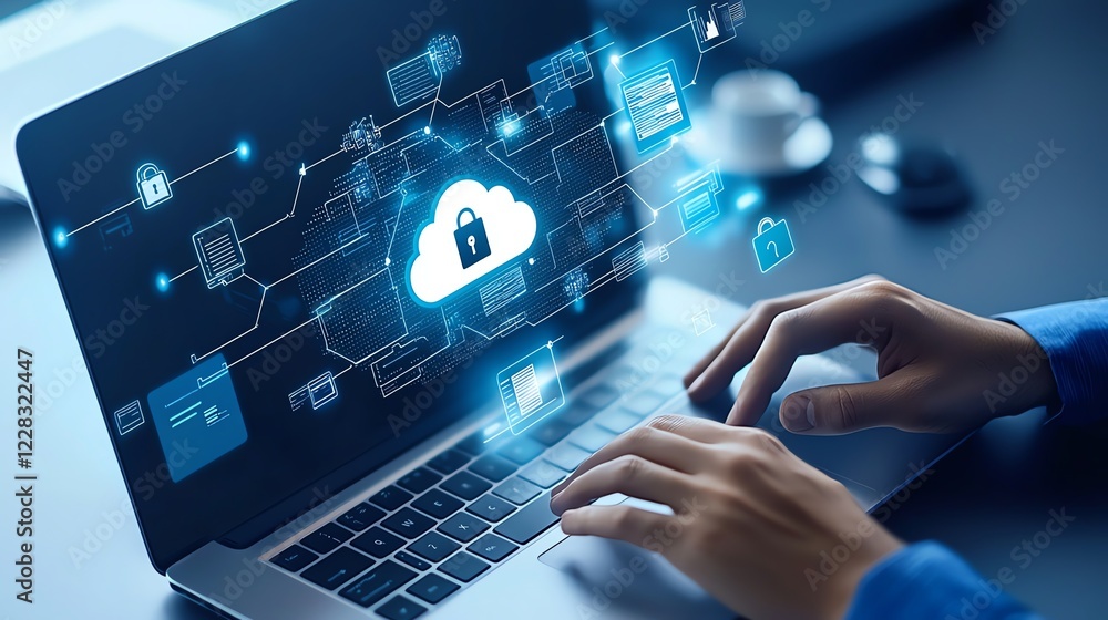 A person using a laptop with a digital cloud and data protection interface. This image represents modern cybersecurity and cloud computing technologies in action.