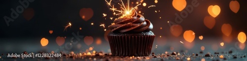 Dark chocolate cupcake, glittering sparkler, glowing heart lights , food, treat, photography photo