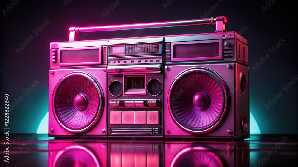 Fototapeta premium Retro Pink Boombox with Abstract Geometric Shapes on Black Background - Vintage 80s Stereo