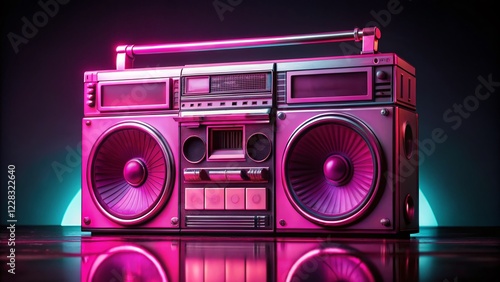 Retro Pink Boombox with Abstract Geometric Shapes on Black Background - Vintage 80s Stereo