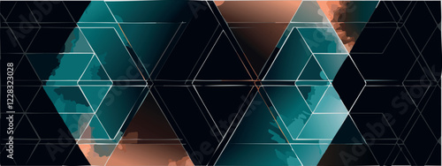 Geometric abstract luxury dark green-blue and gold background with triangles, watercolor style, vector wallpaper.