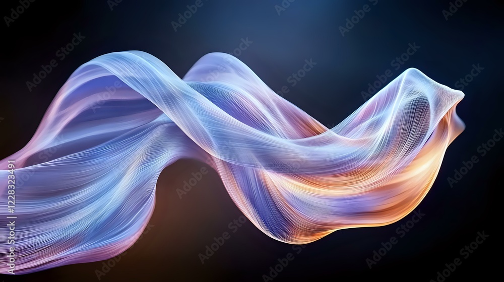 Ethereal flowing silk fabric in blue and pink colors creates graceful waves against dark background, capturing movement and light for luxury design projects. Ethereal flowing silk fabric in blue and pink colors creates graceful waves against dark background, capturing movement and light for luxury design projects.