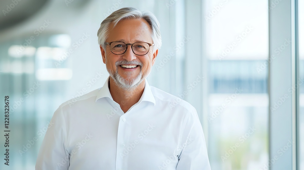 A smiling senior man in glasses stands confidently in a modern office setting, exuding warmth and professionalism. Ideal for business, lifestyle, and personal branding themes. A smiling senior man in glasses stands confidently in a modern office setting, exuding warmth and professionalism. Ideal for business, lifestyle, and personal branding themes.