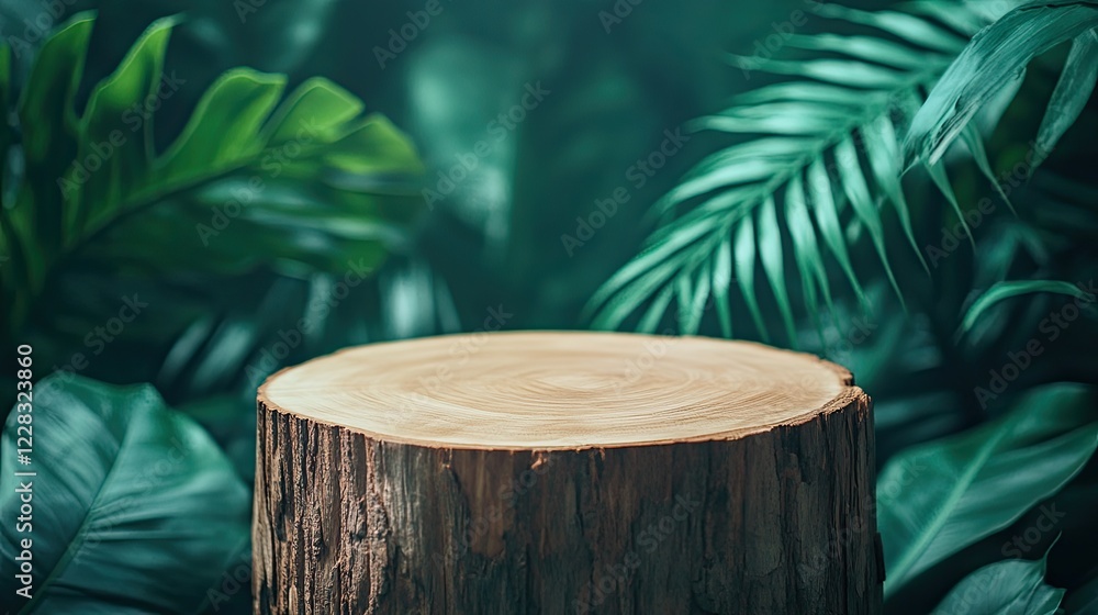 Lush Tropical Foliage Backdrop with Wooden Stump Display Lush Tropical Foliage Backdrop with Wooden Stump Display
