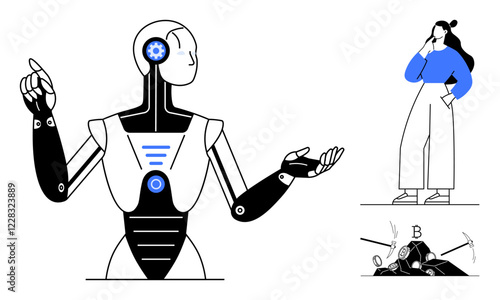 Robot gestures to a thoughtful woman with scattered gears indicating a broken object. Ideal for AI, robotics, human interaction, technology evolution, problem-solving, innovation, emotional response