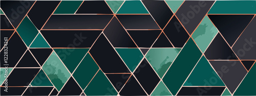 Geometric abstract luxury dark green-blue and gold background with triangles, watercolor style, vector wallpaper.